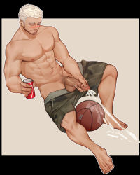 Rule 34 | 1boy, abs, ball, bara, basketball, basketball (object), beard, blush, body hair, camouflage, camouflage shorts, can, coca-cola, cum, ejaculation, erection, facial hair, full body, highres, holding, holding can, large pectorals, male focus, male masturbation, male pubic hair, masturbation, muscular, muscular male, navel, navel hair, nipples, original, pectorals, penis, peterhl, projectile cum, pubic hair, short hair, shorts, solo, stubble, topless male, uncensored, white hair