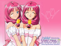 Rule 34 | 1990s (style), 2girls, ^ ^, blue eyes, breasts, cleavage, closed eyes, earrings, closed eyes, flower, front ponytail, jewelry, kokura masashi, multiple girls, official art, official wallpaper, one eye closed, pink background, pink hair, pink theme, retro artstyle, scan, shirayuki maho, shirayuki miho, siblings, sisters, smile, tokimeki memorial, tokimeki memorial 2, twins, twintails, waitress, wallpaper, wink