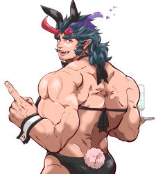Rule 34 | 1boy, animal ears, ass, back, back focus, bara, bare back, blue hair, bow, bowtie, briefs, broken horn, crossdressing, dark blue hair, demon boy, demon horns, facial hair, fang, feet out of frame, fiery horns, from behind, goatee, highres, holding, holding tray, horns, kemonomimi mode, kizami nori to yamaimo, long sideburns, male focus, male playboy bunny, male underwear, mature male, muscular, muscular male, rabbit bow, rabbit ears, rabbit tail, short hair, sideburns, smile, solo, stubble, tail, takemaru (housamo), thick eyebrows, tokyo houkago summoners, tray, underwear, veins, wrist cuffs