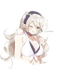Rule 34 | 1girl, artist name, artist request, bikini, bikini top only, blush, breasts, cleavage, corrin (female) (fire emblem), corrin (fire emblem), fire emblem, fire emblem fates, fire emblem heroes, flower, hair ornament, hairband, headpiece, highres, holding, holding bikini top, large breasts, long hair, looking at viewer, medium breasts, necktie, nintendo, one eye closed, pointy ears, red eyes, simple background, smile, sobanoodlesoup, solo, swimsuit, teeth, tiara, underwear, upper body, watermark, wet, white background, white hair