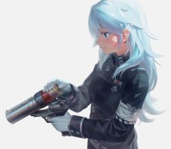 Rule 34 | 1girl, black jacket, blue eyes, blue hair, breasts, closed mouth, commentary request, ddal, gloves, grey background, gun, hair between eyes, highres, holding, holding gun, holding weapon, jacket, long hair, long sleeves, looking away, original, reloading, simple background, small breasts, solo, weapon, weapon request, white gloves