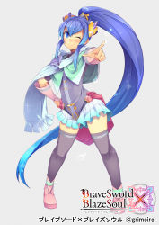Rule 34 | 1girl, absurdres, black thighhighs, blue eyes, blue hair, blush, brave soul, brave sword x blaze soul, company name, copyright name, eyebrows, full body, grey background, hair between eyes, hair ornament, hand on own hip, highres, kokka han, long hair, looking at viewer, matching hair/eyes, official art, one eye closed, pleated skirt, pointing, pointing at viewer, ponytail, shell, sidelocks, skirt, smile, solo, thighhighs, very long hair