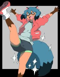 Rule 34 | 1girl, animal ears, animal nose, arutarufu, blue eyes, blue hair, body fur, brand new animal, brown fur, dolphin shorts, full body, furry, furry female, grey background, grey shirt, highres, jacket, kagemori michiru, looking at viewer, multicolored hair, open mouth, raccoon ears, raccoon girl, raccoon nose, raccoon tail, red jacket, shirt, shoes, short hair, shorts, simple background, smile, sneakers, solo, sparkle, tail, tanuki, track jacket