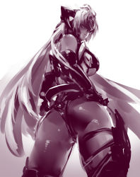 Rule 34 | 00s, 1girl, ass, elbow gloves, foreshortening, from behind, gloves, hand on own hip, highres, long hair, looking back, monochrome, negresco, simple background, solo, t-elos, thigh strap, xenosaga