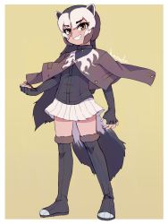 Rule 34 | 1girl, animal ears, artist name, black gloves, black hair, boots, brown eyes, brown hair, clenched hand, elbow gloves, fang, fingerless gloves, full body, fur-trimmed boots, fur trim, gloves, grin, hanada (cobalt003), highres, jacket, jacket on shoulders, kemono friends, long hair, multicolored hair, pleated skirt, scar, scar on face, simple background, skirt, smile, solo, teeth, thigh boots, thighhighs, very long hair, white hair, white skirt, wolverine (kemono friends), yellow background, zettai ryouiki
