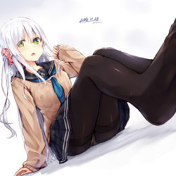 Rule 34 | 1girl, 2016, absurdres, arm support, ass, black pantyhose, blush, crotch seam, dated, dutch angle, eyebrows, feet, green eyes, grey hair, hair between eyes, hair ornament, hair scrunchie, highres, long hair, long sleeves, looking at viewer, mitoko (tsuchikure), neckerchief, no shoes, on floor, open mouth, original, panties, panties under pantyhose, pantyhose, pantyshot, perspective, pleated skirt, school uniform, scrunchie, serafuku, side ponytail, sitting, skirt, sleeves past wrists, solo, sweater, thighband pantyhose, tsuchikure, twitter username, underwear, upskirt, white panties