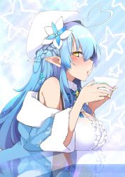 Rule 34 | 1girl, ahoge, blue coat, blue flower, blue hair, blush, braid, breast rest, breasts, coat, cup, flower, french braid, from side, hair flower, hair ornament, half updo, hat, hayashi (l8poushou), heart, heart ahoge, highres, holding, holding cup, hololive, large breasts, long hair, long sleeves, looking at viewer, looking to the side, off-shoulder coat, off shoulder, parted lips, pointy ears, profile, sideways glance, solo, virtual youtuber, white flower, white hat, yellow eyes, yukihana lamy