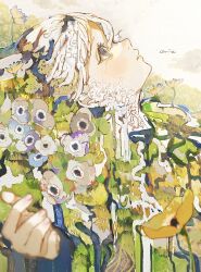 Rule 34 | 1girl, absurdres, artist name, blurry, blurry foreground, crying, crying with eyes open, flower, highres, looking up, orie h, original, outdoors, poppy (flower), tears, white hair