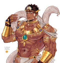 Rule 34 | 1boy, abs, arm tattoo, bara, beard, brown hair, character name, dark-skinned male, dark skin, facial hair, headband, jewelry, large pectorals, long sideburns, looking at viewer, male focus, manly, muscular, navel, necklace, nipples, pectorals, pointy ears, sideburns, simple background, smile, solo, spiked hair, stomach tattoo, tangaroa (housamo), tattoo, tokyo houkago summoners, tora d, white hair, yellow eyes