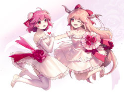 Rule 34 | 2girls, :o, ;d, ahoge, ainy, alternate costume, bad id, bad pixiv id, bare shoulders, barefoot, blonde hair, bouquet, bow, collarbone, double bun, dress, elbow gloves, feet, flower, frilled dress, frilled legwear, frilled skirt, frills, gloves, hair bow, heart, horn ornament, horn ribbon, horns, ibaraki kasen, ibuki suika, jumping, long hair, midair, multiple girls, no shoes, off-shoulder dress, off shoulder, one eye closed, open mouth, own hands clasped, own hands together, pink hair, red bow, red flower, red ribbon, red rose, ribbon, rose, short hair, signature, skirt, smile, strapless, strapless dress, thighhighs, toeless legwear, toes, touhou, very long hair, wedding dress, white dress, white gloves, white legwear