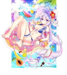 Rule 34 | 1girl, :o, ahoge, anklet, arm ribbon, ass, avocado, banana, bare shoulders, barefoot, bikini, blue bikini, blue sky, blush, bow, breasts, bridal garter, byulzzi, cherry, chestnut, cleavage, cloud, cloudy sky, collarbone, commentary request, copyright notice, copyright request, day, dragon fruit, flower, flower bracelet, food, frilled bikini, frills, front-tie bikini top, front-tie top, fruit, hair between eyes, hair intakes, hair ornament, hand up, hat, hat bow, hat flower, heart, hibiscus, holding, holding food, horizon, innertube, jewelry, knees up, light rays, long hair, looking at viewer, medium breasts, navel, ocean, official art, open mouth, orange (fruit), original, palm leaf, pink ribbon, pinwheel hair ornament, popsicle, purple eyes, reclining, ribbon, silver hair, sky, solo, star-shaped food, star (symbol), starfruit, stomach, sunbeam, sunlight, swim ring, swimsuit, thighs, very long hair, water, watermark, watermelon, white bow, white hat, wrist ribbon, wristband