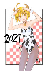 Rule 34 | 1girl, 2021, absurdres, ahoge, animal print, arms up, artist name, bare shoulders, bell, black border, blonde hair, border, breasts, commentary request, cow horns, cow print, cowboy shot, gluteal fold, grey pantyhose, hands on own head, highres, horns, kusano kouichi, leotard, looking at viewer, neck bell, new year, nontraditional playboy bunny, oniichan no koto nanka zenzen suki janain dakara ne!!, open mouth, outside border, pantyhose, playboy bunny, print leotard, short hair, side-tie leotard, small breasts, smile, solo, standing, takanashi nao, white leotard, wrist cuffs