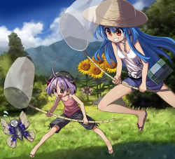 Rule 34 | 2girls, :d, ahoge, alternate costume, bare arms, bare legs, bare shoulders, black shorts, blue hair, blue sky, blush, bowl, bowl hat, breasts, brown footwear, brown hat, bug, butterfly, butterfly net, cage, casual, cloud, commentary request, contemporary, day, denim, denim shorts, flat chest, flower, flying sweatdrops, grass, grin, hair between eyes, hand net, hat, highres, hinanawi tenshi, holding, insect, long hair, mountain, multiple girls, nature, open mouth, outdoors, pink shirt, red eyes, rock, sandals, shirt, short hair, short shorts, shorts, single sidelock, sky, small breasts, smile, standing, sukuna shinmyoumaru, sunflower, syope, tank top, thighs, touhou, tree, very long hair, white shirt
