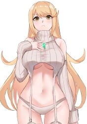 Rule 34 | 1girl, bare shoulders, blonde hair, breasts, core crystal (xenoblade), curvy, detached sleeves, garter straps, hair between eyes, highres, large breasts, light frown, long hair, meme attire, mythra (xenoblade), navel, panties, skindentation, sleeveless, sleeveless sweater, sleeves past wrists, solo, standing, sweater, thigh gap, turtleneck, turtleneck sweater, underwear, very long hair, virgin destroyer sweater, white panties, white sleeves, xenoblade chronicles (series), xenoblade chronicles 2, yellow eyes, yuki piko