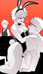 Rule 34 | 1girl, 2boys, absurdres, animal ears, bakugou katsuki, bakugou masaru, bakugou mitsuki, bare arms, bare shoulders, black bow, black leotard, blush, boku no hero academia, bow, bowtie, breasts, cleavage, collarbone, couch, detached collar, father and son, fishnet pantyhose, fishnets, girl on top, glasses, greyscale with colored background, hairband, hand on another&#039;s shoulder, highleg, highleg leotard, highres, husband and wife, koyap, leotard, looking at another, mature female, medium breasts, mother and son, multiple boys, on couch, open mouth, pantyhose, playboy bunny, rabbit ears, rabbit tail, red background, red eyes, short hair, strapless, strapless leotard, tail, teeth, thick thighs, thighs, wrist cuffs