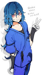 Rule 34 | 1boy, absurdres, blue hair, character request, collarbone, commentary request, commission, copyright request, cowboy shot, gloves, gradient hair, highres, long hair, looking at viewer, male focus, multicolored hair, red eyes, shadow, simple background, skeb commission, smile, solo, st (youx1119), teeth, translation request, v, white background