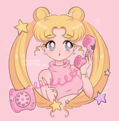 Rule 34 | 1990s (style), 1girl, antique phone, bishoujo senshi sailor moon, blonde hair, blue eyes, blush, bracelet, breasts, chellyko, double bun, earrings, hair bun, hair ornament, heart, heart in eye, highres, index finger raised, jewelry, long hair, luna (sailor moon), medium breasts, midriff, open mouth, phone, pink background, pink shirt, retro artstyle, ring, rotary phone, shirt, sleeveless, sleeveless shirt, sparkle, standing, star (symbol), star earrings, star hair ornament, symbol in eye, tsukino usagi, twintails, upper body