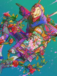 Rule 34 | 1boy, animification, apex legends, aqua background, black scarf, broken glass, expressionless, flower, from above, glass, holding, humanoid robot, kaleb cross, looking at viewer, looking up, mizu cx, plant, red flower, red rose, revenant (apex legends), robot, rose, scarf, severed head, simulacrum (titanfall), sitting, solid eyes, vines, yellow eyes