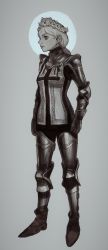 Rule 34 | 1girl, cross, gauntlets, greyscale, halo, head wreath, highres, latin cross, low ponytail, armored boots, monochrome, mossacannibalis, original, parted lips, ponytail, solo, tabard