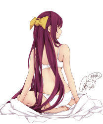 Rule 34 | 1girl, ass, back, barefoot, blush, bra, character name, closed mouth, from behind, hair ribbon, kamikaze (kancolle), kantai collection, long hair, panties, purple hair, ribbon, rizzl, signature, simple background, solo, twitter username, underwear, underwear only, very long hair, white background, white bra, white panties, yellow ribbon