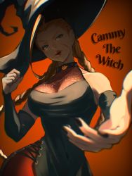 Rule 34 | 1girl, ap cammy, bare shoulders, blonde hair, breasts, cammy white, cleavage, dress, hat, highres, large breasts, lips, long hair, looking at viewer, pov, street fighter, witch, witch hat