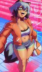 Rule 34 | 1girl, absurdres, animal ears, animal nose, ball, basketball, basketball (object), black hair, blue hair, blue shorts, body fur, brand new animal, breasts, cleavage, commentary, crop top, english commentary, fangs, furry, furry female, green eyes, hair between eyes, high collar, highres, jacket, kagemori michiru, medium breasts, multicolored hair, open clothes, open jacket, open mouth, pltnm ghost, raccoon ears, raccoon girl, raccoon tail, red jacket, selfie, short hair, short shorts, shorts, solo, standing, tail, teeth, thighs, tongue, tongue out, track jacket, two-tone hair, unzipped, upper teeth only