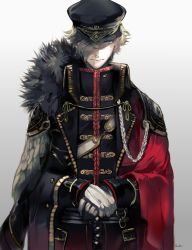 Rule 34 | 10s, 1boy, aiguillette, alternate costume, artist name, belt, border0715, cape, closed mouth, fur trim, gloves, gradient background, green eyes, green hair, hair over one eye, hat, highres, jacket, jacket on shoulders, long sleeves, looking at viewer, male focus, matching hair/eyes, military, military uniform, one eye covered, own hands together, sash, shade, signature, smile, solo, sword, touken ranbu, uguisumaru, uniform, weapon, white background, white gloves