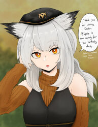 Rule 34 | 1girl, alternate costume, arknights, bare shoulders, beret, black hat, black vest, bright pupils, brown sweater, clothing cutout, dokonjou (odossan), english text, grey hair, hat, highres, long hair, looking at viewer, open mouth, orange eyes, owl ears, ptilopsis (arknights), ribbed sweater, shoulder cutout, solo, speech bubble, sweater, upper body, vest, white pupils