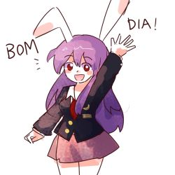 Rule 34 | animal ears, blouse, buttons, collared shirt, crescent, crescent pin, light purple hair, long hair, long sleeves, medium skirt, moon rabbit, necktie, ngtk k, pink skirt, pleated skirt, portuguese text, purple hair, rabbit ears, red eyes, red necktie, reisen udongein inaba, shirt, skirt, solo, touhou, translated, waving, white shirt