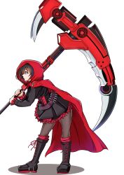 Rule 34 | 1girl, absurdres, ammunition belt, bakuma, black dress, black footwear, boots, brown hair, cape, crescent rose, dress, frilled skirt, frills, from side, gradient hair, grey eyes, highres, holding, holding scythe, holding weapon, hood, hood up, hooded cape, leaning forward, miniskirt, multicolored hair, pantyhose, profile, red cape, red hair, ruby rose, rwby, scythe, short hair, skirt, solo, weapon, white background