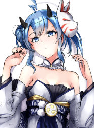 Rule 34 | 1girl, ahoge, azur lane, bare shoulders, black nails, blue eyes, blue hair, blush, breasts, choker, closed mouth, collarbone, commentary request, detached collar, detached sleeves, dress, floral print, fox mask, from above, hands up, highres, holiday3345aaa98, horns, inazuma (azur lane), inazuma (flash of fireworks) (azur lane), japanese clothes, kimono, light blush, looking away, lying, mask, mask on head, medium breasts, nail polish, obi, on back, oni, oni horns, sash, shadow, sidelocks, simple background, sleeveless, sleeveless dress, solo, tomoe (symbol), upper body, white background, white neckwear, wide sleeves