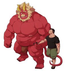 Rule 34 | 2boys, absurdres, acrylic stand, bara, beard, belly, black hair, blank eyes, bulge, colored skin, curled horns, dragon horns, facial hair, fewer digits, forked eyebrows, full body, furry, furry male, furry with non-furry, gardie (otsukimi), green shorts, happy, head tilt, highres, holding, holding umbrella, horns, huge eyebrows, huge pectorals, interspecies, kouhei (otsukimi), large bulge, large hands, large pectorals, lion hair, loincloth, looking at another, male focus, multiple boys, muscular, muscular male, nipples, one eye closed, original, otsukimi, pectorals, red skin, shirt, short hair, shorts, sideburns, sideburns stubble, size difference, standing, strongman waist, stubble, t-shirt, tail around another&#039;s leg, thick eyebrows, thick thighs, thighs, topless male, tusks, umbrella, yaoi