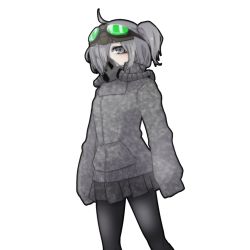 Rule 34 | 1girl, blush, dimensional refraction variant, goggles, goggles on head, grey hair, hair over one eye, high collar, huyusaki taiga, jacket, lobotomy corporation, long sleeves, one side up, pantyhose, personification, pleated skirt, pocket, project moon, respirator, skirt, sleeves past fingers, sleeves past wrists, solo, transparent background