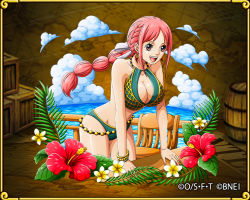Rule 34 | 1girl, bikini, braid, breasts, cleavage, curvy, female focus, green bikini, happy, large breasts, long hair, looking away, ocean, official art, one piece, one piece: treasure cruise, open mouth, pink hair, rebecca (one piece), shiny skin, sky, smile, swimsuit