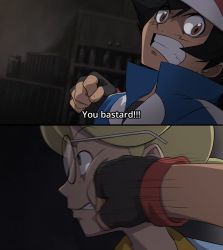 Rule 34 | 2boys, ash ketchum, baseball cap, black hair, blonde hair, blue eyes, brown eyes, clemont (pokemon), clenched hand, clenched teeth, close-up, commentary, constricted pupils, creatures (company), derivative work, english commentary, face punch, fake screenshot, fingerless gloves, fullmetal alchemist, game freak, glasses, gloves, hat, highres, i hate kids with good instincts like you (meme), in the face, indoors, mgx0, motion blur, motion lines, multiple boys, nintendo, parody, pokemon, pokemon (anime), pokemon xy (anime), punching, screenshot redraw, subtitled, teeth, upper body, violence