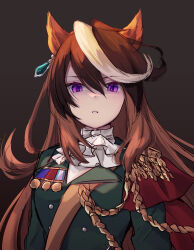 Rule 34 | 1girl, :o, aiguillette, animal ears, arms at sides, breasts, brown background, brown hair, cape, earrings, epaulettes, green jacket, highres, horse ears, ascot, jacket, jewelry, long sleeves, looking at viewer, medal, multicolored hair, purin jiisan, purple eyes, shirt, single earring, single epaulette, small breasts, solo, streaked hair, symboli rudolf (umamusume), umamusume, upper body, white shirt