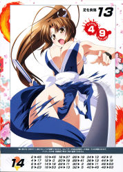 Rule 34 | 1girl, alternate color, bare shoulders, blush, breasts, brown eyes, brown hair, cleavage, fatal fury, hand fan, highres, holding, holding fan, izumi mahiru, large breasts, long hair, looking at viewer, ninja, non-web source, official art, open mouth, pelvic curtain, ponytail, queen&#039;s blade, queen&#039;s gate, revealing clothes, scan, shiranui mai, simple background, solo, the king of fighters, torn clothes