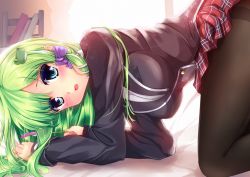 Rule 34 | 1girl, all fours, bed, black pantyhose, blue eyes, breasts, contemporary, frog hair ornament, fule, green hair, hair ornament, highres, kochiya sanae, large breasts, long hair, looking at viewer, looking to the side, open mouth, pantyhose, plaid, plaid skirt, pleated skirt, school uniform, skirt, snake hair ornament, solo, thighband pantyhose, top-down bottom-up, touhou