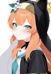 1girl absurdres animal_ear_headwear animal_ears aqua_neckerchief artist_name blue_archive blue_eyes blush commentary_request fake_animal_ears flower gehenna_academy_logo habit halo hat hat_flower highres long_hair looking_at_viewer mako_(makoda) mari_(blue_archive) neckerchief nun orange_hair sailor_collar simple_background smile solo upper_body white_background white_flower white_sailor_collar yellow_halo