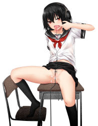 Rule 34 | 1girl, absurdres, aftersex, bad id, bad pixiv id, black hair, black socks, blush, clothes lift, cum, cum in pussy, cumdrip, desk, female pubic hair, headphones, highres, jack dempa, kneehighs, looking at viewer, no panties, open mouth, original, piercing, pleated skirt, pubic hair, pussy, pussy juice, red eyes, school uniform, see-through, see-through silhouette, serafuku, short hair, shure, simple background, sitting, skirt, skirt lift, socks, solo, spread legs, tongue, tongue out, tongue piercing