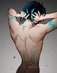 Rule 34 | 1boy, arm tattoo, arms up, back, back focus, back tattoo, black hair, blue hair, blue nails, braid, commentary, english commentary, eriimyon, from behind, genshin impact, gradient hair, highres, male focus, multicolored hair, nail polish, nude, short hair with long locks, sidelocks, simple background, solo, tattoo, twin braids, twitter username, venti (genshin impact)