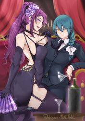 Rule 34 | 2girls, alcohol, asymmetrical docking, bare shoulders, bottle, braid, braided ponytail, breast press, breasts, business suit, candle, candle wax, candlelight, chain, cleavage, couch, cup, curtains, detached sleeves, dress, drinking glass, earrings, fire emblem, fire emblem heroes, flower, folding fan, formal, garter straps, glass, gloves, gold chain, green hair, hair flower, hair ornament, hair ribbon, hand fan, hand on own hip, highres, holding, jewelry, large breasts, licking lips, lips, loki (fire emblem), long hair, looking at viewer, multiple girls, necktie, nintendo, official alternate costume, panties, panty peek, purple eyes, purple hair, ribbon, siblings, single braid, sisters, sitting, smile, suit, table, thigh straddling, thighhighs, thighs, thorr (fire emblem), tongue, tongue out, underwear, vialnite, wine glass, yellow eyes
