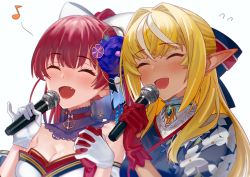 Rule 34 | 2girls, anchor choker, blonde hair, blue kimono, blush, bow, breasts, choker, cleavage, closed eyes, commentary, dark-skinned female, dark skin, ear blush, floral print, flower, gloves, hair bow, hair flower, hair ornament, highres, holding, holding hands, holding microphone, hololive, houshou marine, houshou marine (new year), interlocked fingers, japanese clothes, jewelry, kimono, long hair, medium breasts, microphone, multicolored hair, multiple girls, music, musical note, off shoulder, official alternate costume, open mouth, pendant, pointy ears, ponytail, red choker, red gloves, red hair, shiranui flare, shiranui flare (new year), side-by-side, simple background, singing, smile, streaked hair, sweatdrop, symbol-only commentary, two-tone hair, upper body, virtual youtuber, white background, white gloves, white hair, white kimono, yomosaka