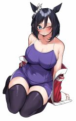 Rule 34 | 1girl, absurdres, animal ears, black hair, black thighhighs, blue eyes, blue one-piece swimsuit, blush, breasts, cleavage, collarbone, commentary request, covered navel, eishin flash (umamusume), hair between eyes, hair ribbon, highres, horse ears, horse girl, jacket, kshimu, large breasts, looking at viewer, one-piece swimsuit, one eye closed, parted lips, red jacket, ribbon, school swimsuit, simple background, sitting, solo, swimsuit, thighhighs, umamusume, white background