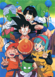 Rule 34 | 1990s (style), absurdres, antennae, aqua hair, arm on own head, arm up, ball, baseball cap, black eyes, black hair, blue eyes, brown footwear, bulma, cape, carrying, child, clothes writing, colored skin, copyright name, crossed arms, day, dende, dougi, dragon ball, dragon ball (object), dragonball z, earrings, emblem, father and son, flexing, green skin, green sky, grin, hairband, hat, height difference, highres, holding, holding ball, jewelry, kuririn, logo, long sleeves, medium hair, muscular, muscular male, nail (dragon ball), namekian, no eyebrows, official art, open mouth, outdoors, piccolo, piggyback, pointy ears, profile, retro artstyle, saiyan, scan, smile, son gohan, son goku, spiked hair, standing, stud earrings, sweatdrop, turban, wristband
