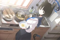 Rule 34 | 1girl, animal ears, black eyes, black hair, black sailor collar, black skirt, blue archive, bowl, cat ears, cat girl, cat tail, closed mouth, holding, holding bowl, holding ladle, hukahire0120, indoors, kikyou (blue archive), ladle, long sleeves, looking at viewer, medium hair, miso soup, pleated skirt, refrigerator, sailor collar, shirt, skirt, solo, stove, tail, white shirt