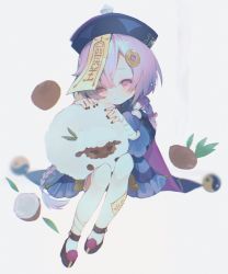 Rule 34 | 1girl, bandaged ankle, bandaged wrist, bandages, black footwear, black nails, blue dress, blue hat, closed mouth, coconut, coin hair ornament, commentary, dress, frilled dress, frills, genshin impact, hair ornament, hat, highres, invisible chair, looking at viewer, mentai 285, nail polish, ofuda, pink eyes, pom pom (clothes), qingdai guanmao, qiqi (genshin impact), sheep, sitting, solo, thighs, white background, white legwear