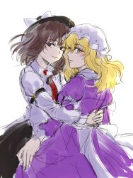 2girls blonde_hair brown_eyes brown_hair commentary_request dress hat highres hug korean_commentary kuya_(hey36253625) long_hair looking_at_viewer maribel_hearn mob_cap multiple_girls necktie purple_dress short_hair simple_background sketch smile touhou usami_renko white_background yellow_eyes