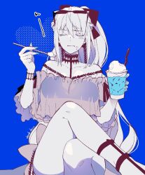 Rule 34 | 1girl, artist request, blue background, blue nails, breasts, closed eyes, crossed legs, eating, fate/grand order, fate (series), female focus, food, food on face, highres, ice cream, large breasts, long hair, morgan le fay (fate), sunglasses, thick thighs, thighs