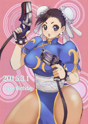 Rule 34 | 1girl, bad id, bad pixiv id, blush, bracelet, breasts, brown eyes, brown hair, bun cover, capcom, china dress, chinese clothes, chun-li, cowboy shot, curvy, double bun, dress, dual wielding, female focus, gun, hair bun, handgun, happy birthday, highres, holding, inuyou, jewelry, large breasts, looking at viewer, open mouth, pantyhose, pelvic curtain, pistol, revolver, sash, short hair, solo, spiked bracelet, spikes, street fighter, thick thighs, thighs, weapon, wide hips